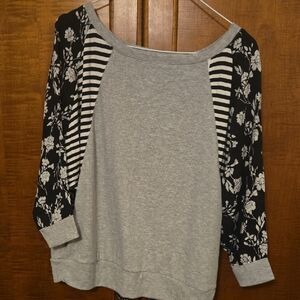 Cato Gray Top with Black Floral and Striped Sleeves